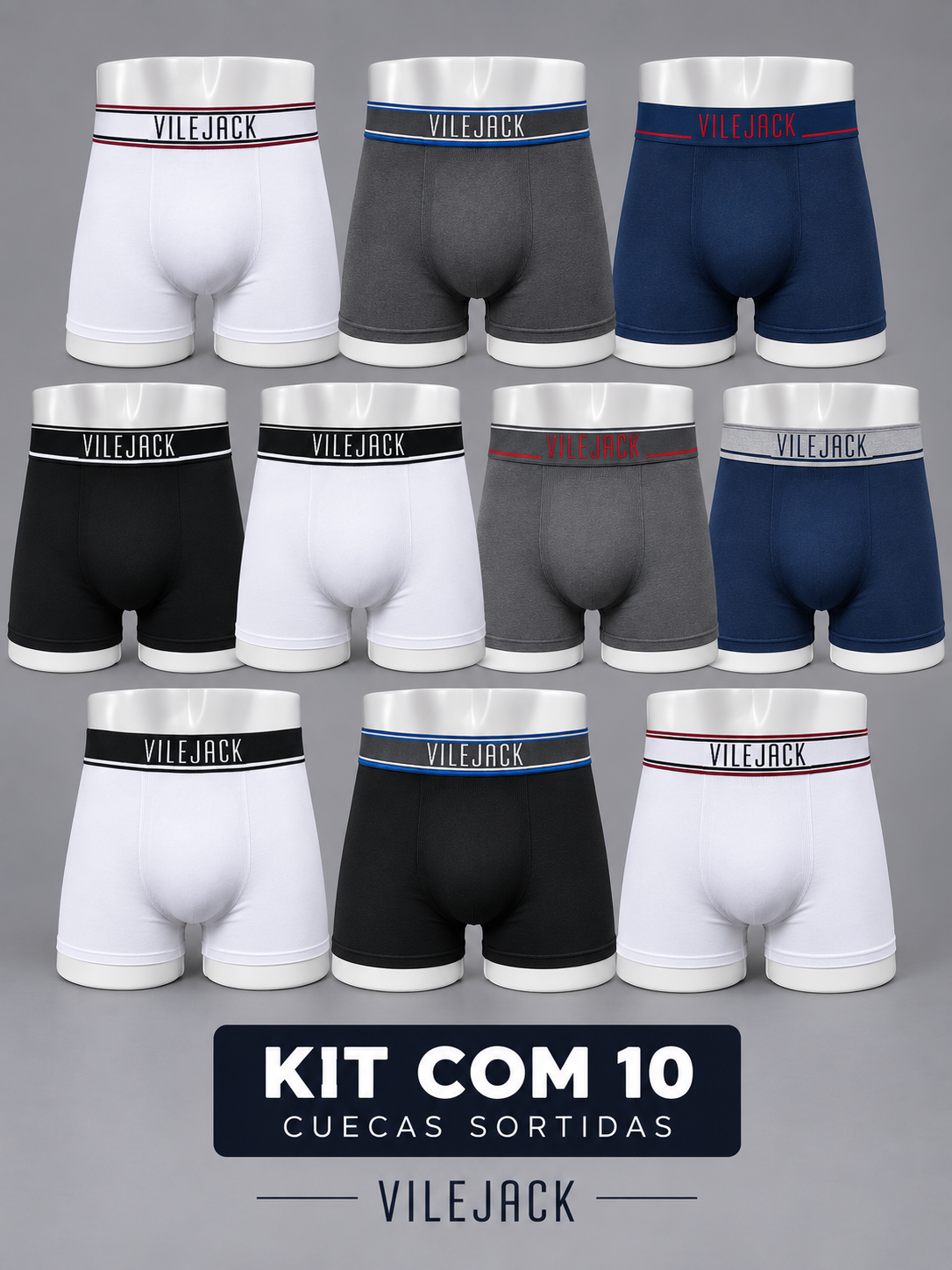 Kit Com 10 Cueca Boxer Masculina S/ Costura Poliamida Elastano Vilejack